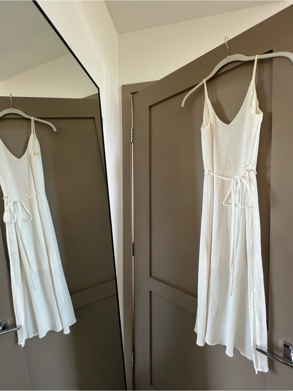 Cream V-Neck Midi Slip Dress with Waist Tie